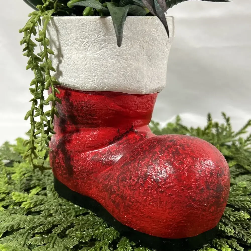 Vintage Ceramic Red Santa Boot Planter w/ Faux Plastic Succulents Plants